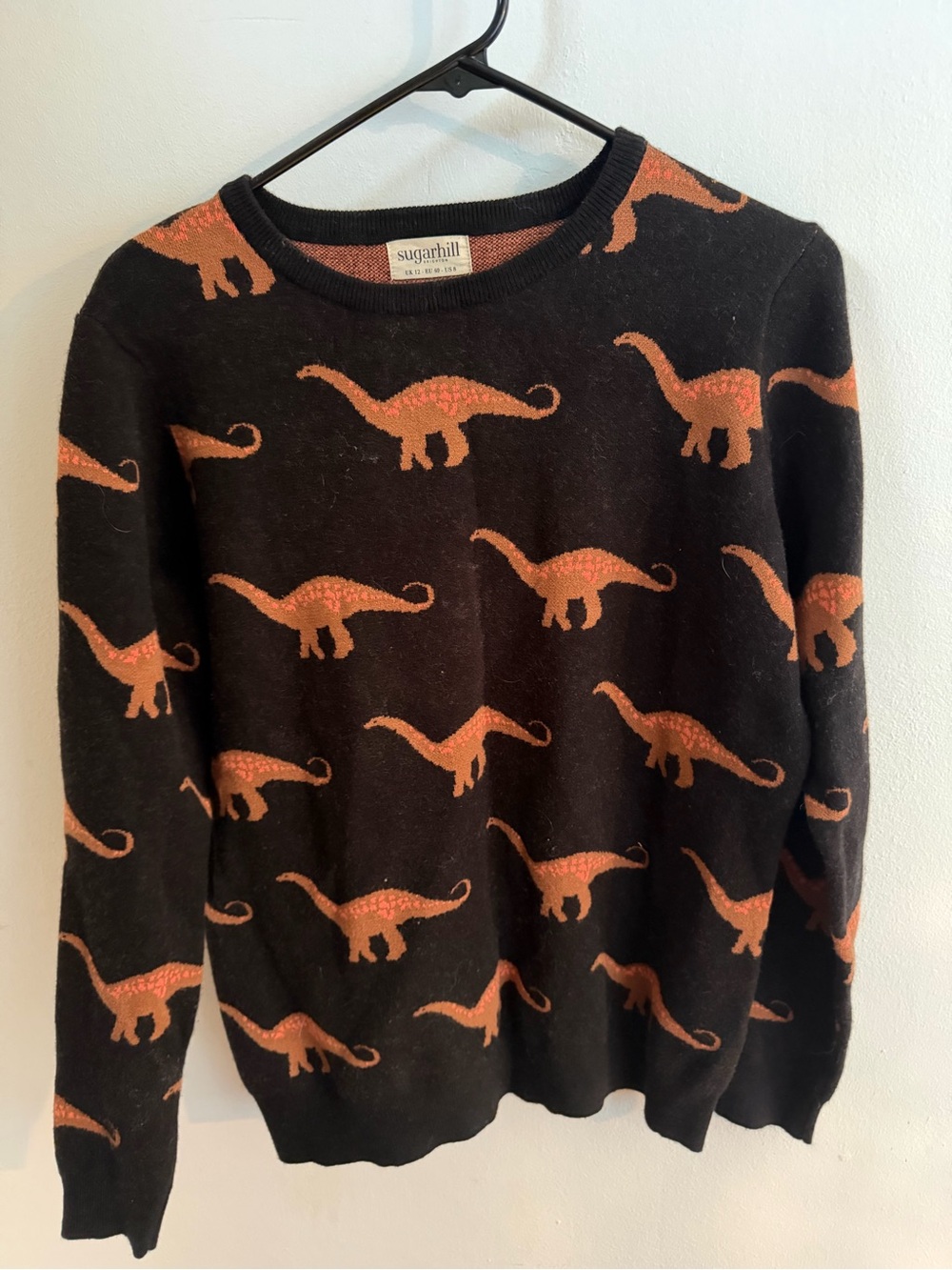 Sugarhill Black Crewneck Sweater with Rust Dinosaur Jacquard